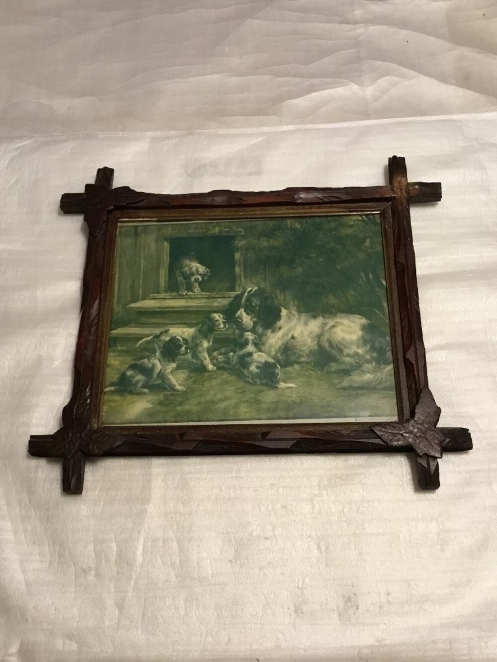 Antique Edmond Osthaus print "After The Nap" in wooden tramp art glass frame
